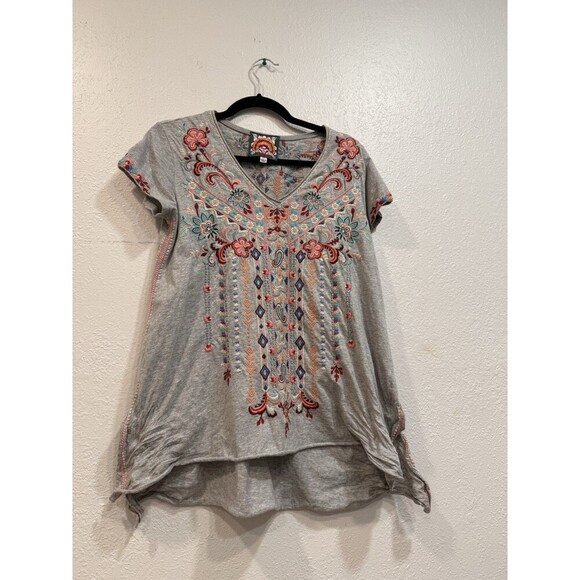 Johnny Was Tua Knit Drape Top Blouse Womens Sz XS  Embroidered Gray Floral - Picture 3 of 7